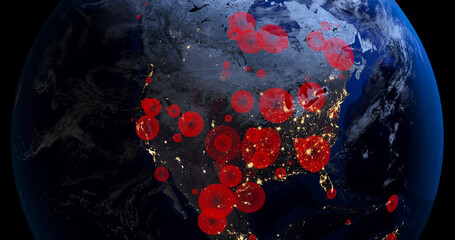 Global epidemic on the Earth, spread of coronavirus on the globe 3D render animation