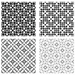 Set of four black and white seamless hand drawn texture designs for backgrounds, vector illustration.