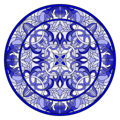 Illustration in stained glass style with abstract flowers, swirls and leaves on a light background,round image in frame, tone blue