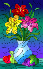 Illustration in stained glass style with bouquets of bright lily flowers in a blue  jug, pear, grape and apple on table on blue background