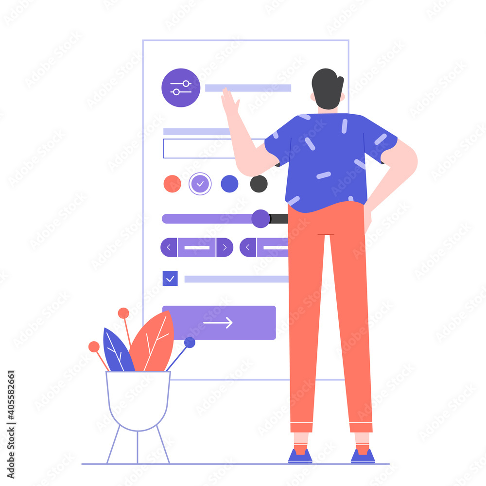 Wall mural the man stands near the interface of the mobile application. user settings and customization of the 