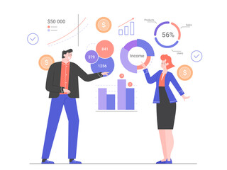 Colleagues in business suits near the charts and graphs. Business information visualization. Statistics and forecasting. The financial analysis. Vector flat illustration.