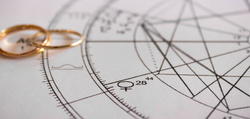 Detail of printed astrology chart with Venus planet and wedding ring in the background