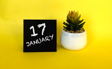 January 17 on the black board .Next to it is a pot with a flower on a yellow background.Calendar...