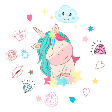 Magic cute unicorn in cartoon style. Cute collection of unicorns with flowers and magic items. Cute magic background with unicorn, rainbow and stars.