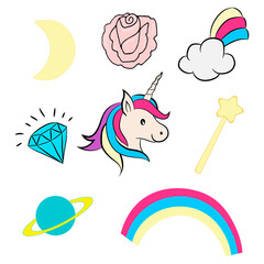 Magic cute unicorn in cartoon style. Cute collection of unicorns with flowers and magic items. Cute magic background with unicorn, rainbow and stars.