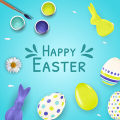 Easter poster template with 3d realistic  Easter eggs, bunny, paint and brush.  Template for advertising, poster, flyer, greeting card.  Vector Illustration EPS10