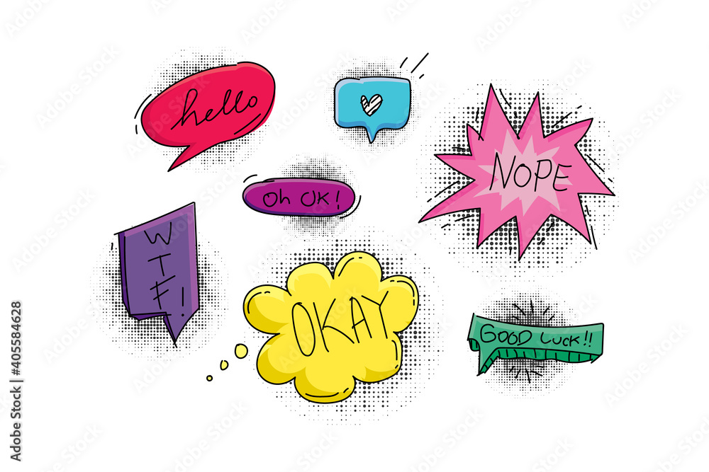 Poster set of pop art bubble talk with halftone collection design vector