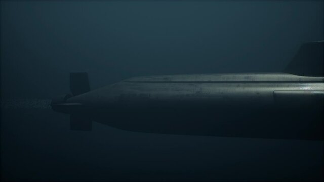 Submarine passes underwater in deep murky ocean. 3D Animation.