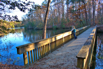 Hiking bridge along a lake in Virginia