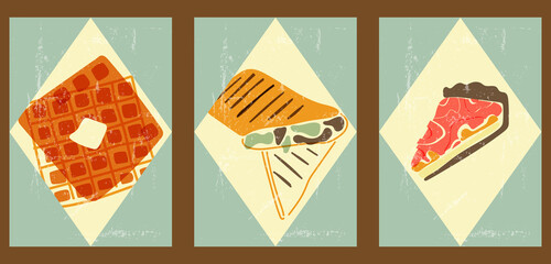 Vibrant vintage posters with delicious food. Fast food illustrations for interior design, cafes, menus, social networks, advertising. Minimalist backgrounds with waffles, shawarma, pie.