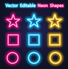 Bright neon circles, triangles, and stars in different vivid colors against a dark brick wall. Multicolored glowing symbols.