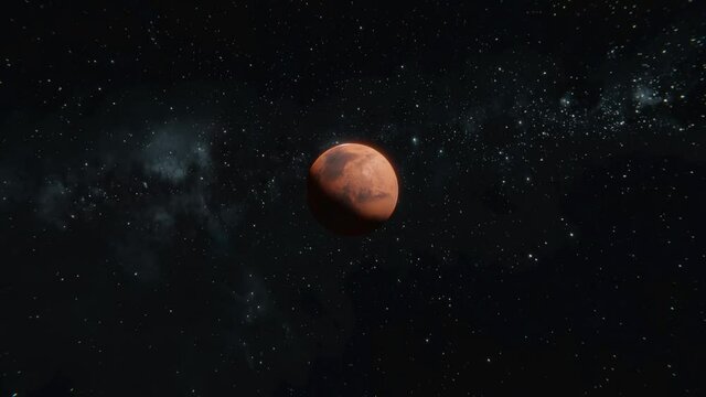 Tracking in Mars red planet. Flying trough the space passing by the Mars over stars Milky way background in 4k 3d realistic visualisation
