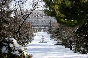 Historic snowfall in Madrid, capital of Spain in January 2021. Royal Palace Sunday, January 10