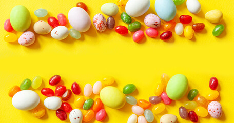 Happy Easter concept. Preparation for holiday. Easter candy chocolate eggs and jellybean sweets isolated on trendy yellow background. Simple minimalism flat lay top view copy space. Banner