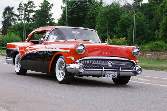 Vasteras, Sweden - July 5, 2013: One red 1957 Buick Riviera during the Big meet event.