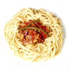spaghetti with fried eggplant and tomatoes and sweet and sour sauce