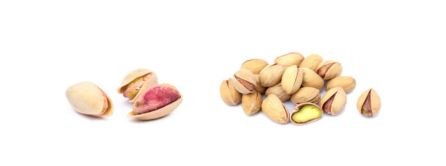 Pile of fresh pistachios isolated on white background