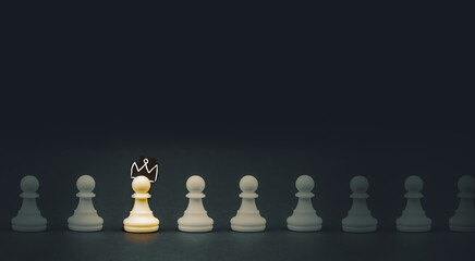 Brain and ideas can make different concept, Chess pawn with crown standing out from the crowd