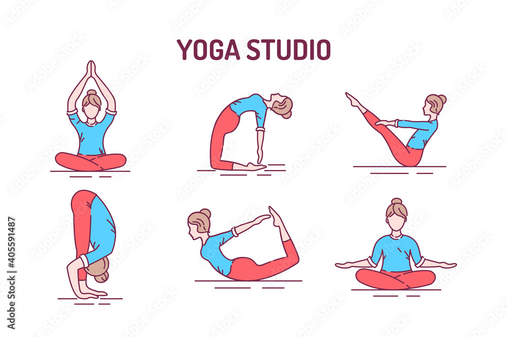 Wall mural yoga color line icons set. different yoga poses and asanas. pictogram for web page, mobile app, prom