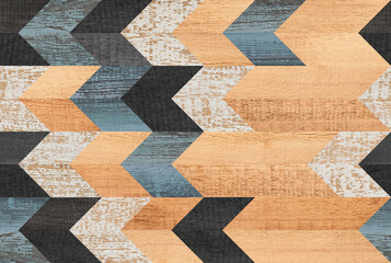 Wood texture. Colorful wooden wall with geometric pattern. Grunge parquet floor. Seamless wooden background.