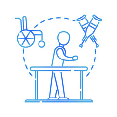 Rehabilitation icon vector. Wheelchair, crutches are shown in outline style. Disabled man need remediation