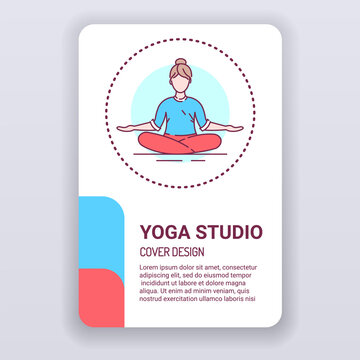 Yoga studio brochure template. Gymnastics cover design. Print design with linear illustration cartoon character on a white background