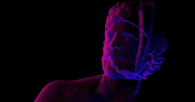 Ancient greek statue in wireframe with neon bright colors. Classic masterpiece in digital 3d model reconstruction. Pop vaporwave colors and digital distortion over wireframe animation