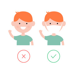 Cute funny boy wear with medical mask and without. Child in flue mask poster. Vector flat illustration isolated on white background. 