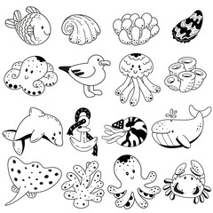 Fototapeta premium Set sea animals and corals in black and white.