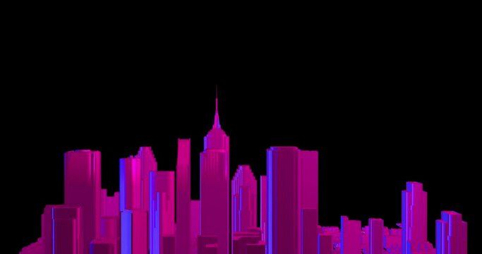 Neon colors 3D city model animation. Pop colors 80's effect with a virtual city with skyscrapers and buildings.