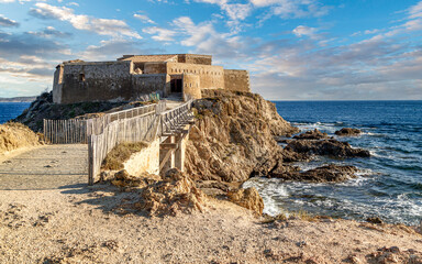 Tour Fondue fort, medieval fortress near Hyeres, southern France, which allowed to monitor the...