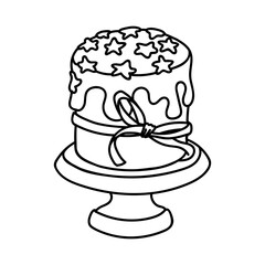 Vector Doodle Easter Cake with ribbon on a stand. Hand drawn line art element isolated. Black and white contour drawing illustration. Outline symbol, icon for design card, poster, coloring book page