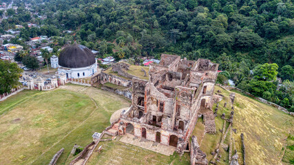 Side Aerial View of San-Souci Palace and the Royal Chapel of Milot, located in Milot, Haiti 