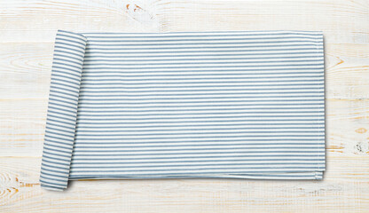 Kitchen towel, napkin on wooden desk. Top view mockup