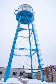 Lindstrom, Minnesota - January 9, 2021: Famous teapot shaped watertower reads Welcome to Lindstrom (translated from Swedish) Minnesota
