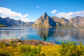 Rocky seashore in the evening. Beautiful nature of Norway. Picturesque Scandinavian landscape. Lofoten islands, Norway, Europe