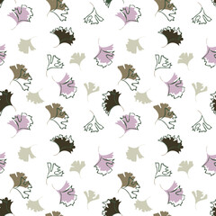 Autumn leaves background. Vector seamless pattern with small colorful leaf silhouettes. Elegant abstract ornament texture in pastel colors, white, green, pink. Cute repeat design for print, wallpapers