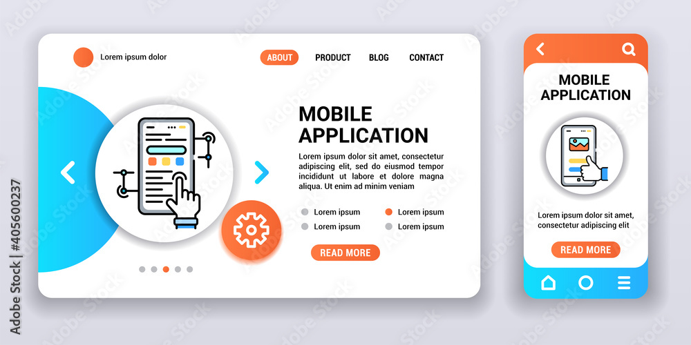 Poster mobile application web banner and mobile app kit. app development. outline vector illustration