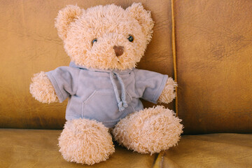 Vintage teddy bear sitting on a brown sofa.
