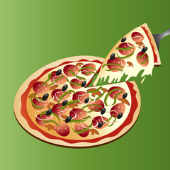 Vector menu or banner fastfood. Illustration pizza with sausages, mushrooms, bell pepper, onion, olives and cheese vector on green background in cartoon style. Homemade, restaurant food, ingredients.