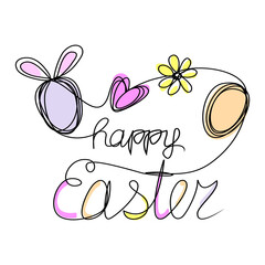 happy easter card handwritten lettering, eggs, heart, flower. Continuous line drawing text design. Vector illustration isolated on white background
