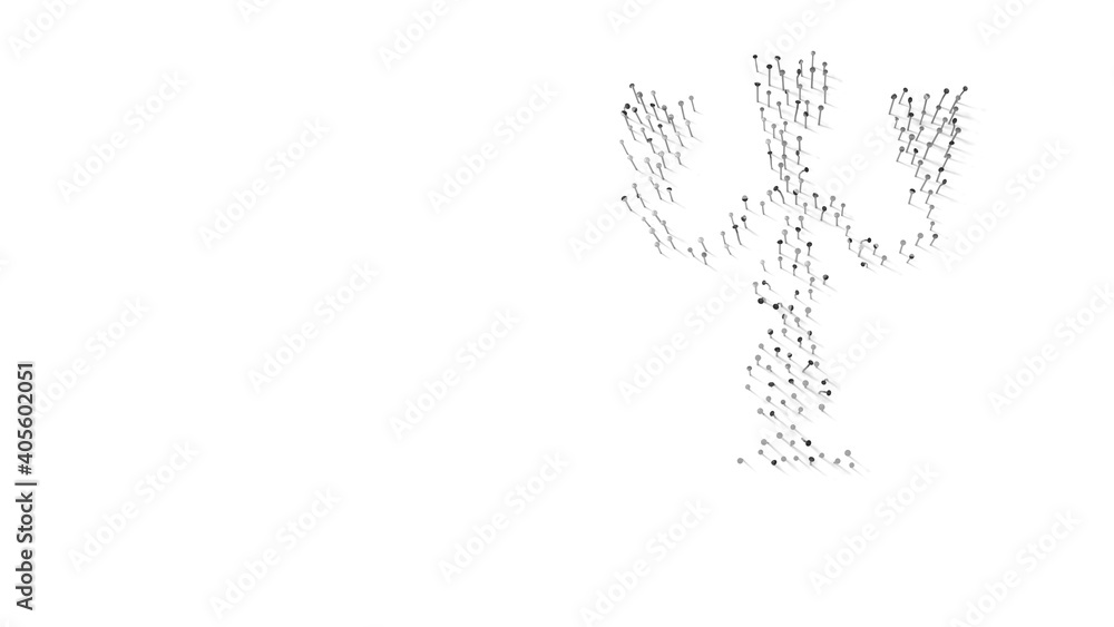 Poster 3d rendering of nails in shape of symbol of vintage candelabra with shadows isolated on white backgr