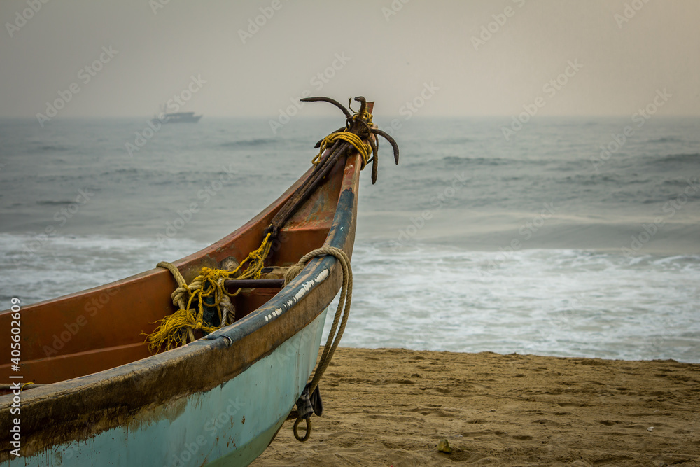 Wall mural view of the fisherman boat along the coastline of bay of bengal, tamil nadu, india