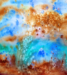 Watercolor abstraction in golden-blue tones, print for poster, interior painting, background for various designs.