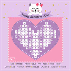 Happy Valentine's Day word search puzzle for learning English. Crossword with cute kitty. Vector illustration. Find hidden words about love. 