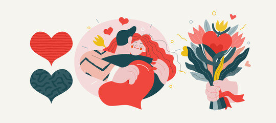 Embracing couple - Valentines day graphics. Modern flat vector concept illustration - a young hetoresexual couple hugging. Woman holds a big heart and flower. Cute characters in love concept