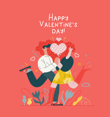 Couple in love - Valentines day graphics. Modern flat vector concept illustration - a young hetoresexual couple running towards each other, holding their hands. Heart. Cute characters in love concept