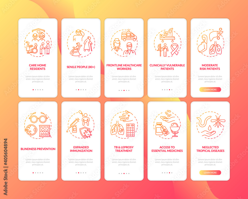Poster health program onboarding mobile app page screen with concepts set. health care principles walkthrou