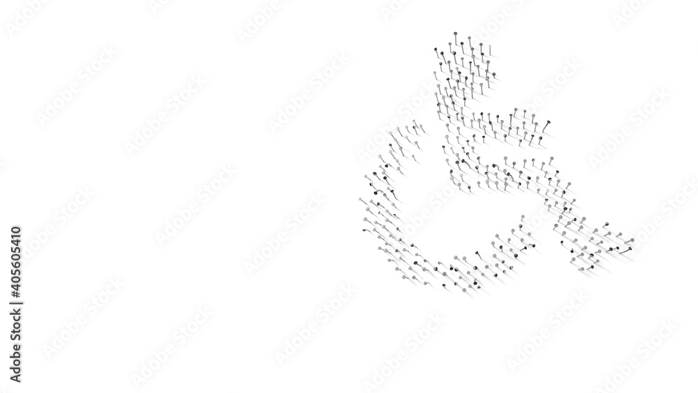Poster 3d rendering of nails in shape of symbol of wheelchair with shadows isolated on white background